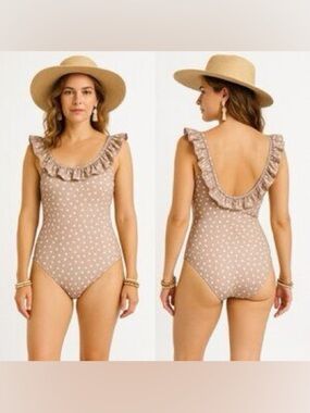 Imagine Perry Ruffle Scoop-Back One-Piece Swimsuit in Taupe Polka Dot Medium